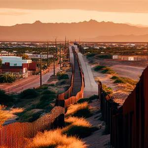 The border wall in Yuma, Arizona splitting the United States and Mexico.