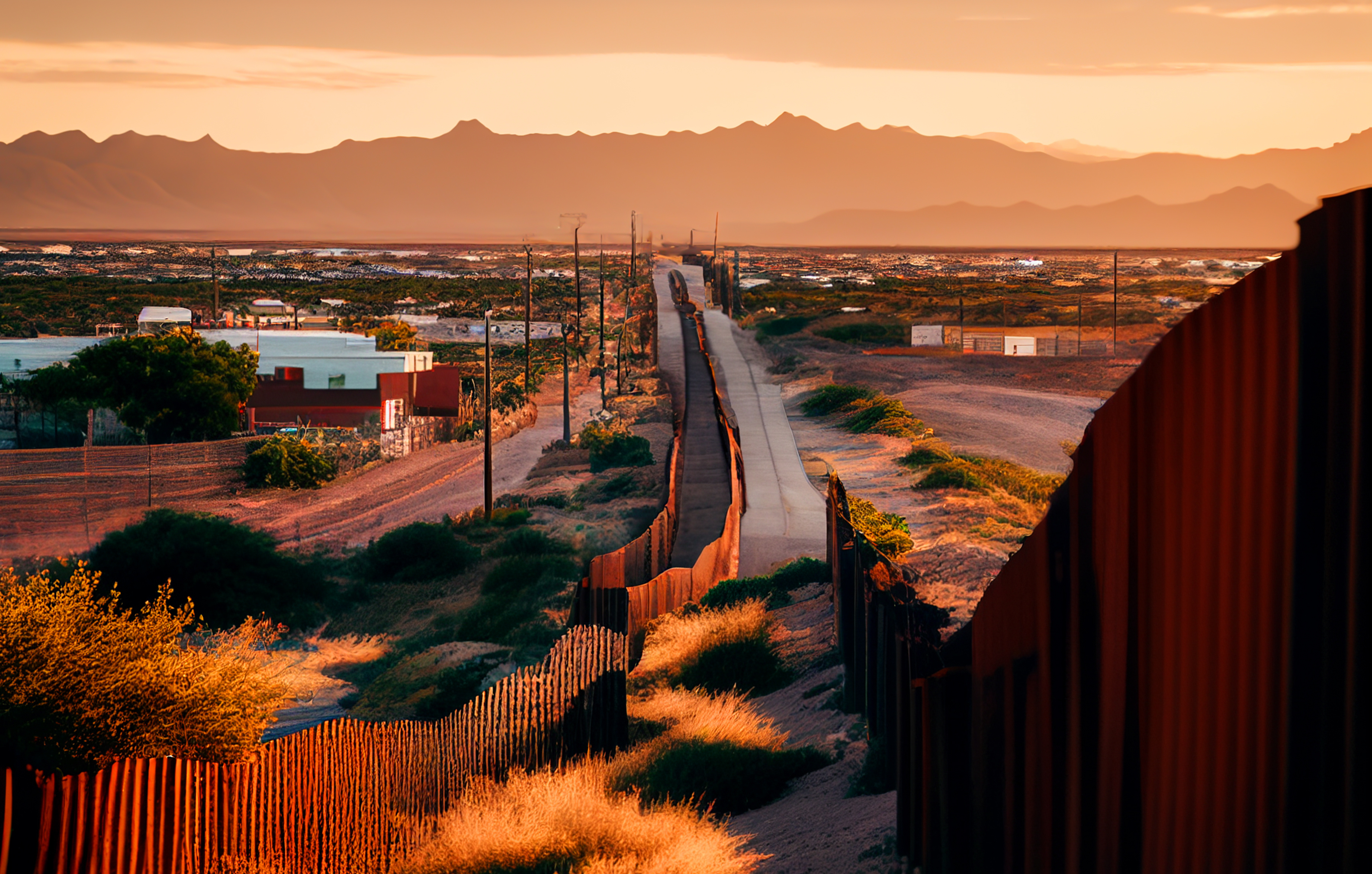 The border wall in Yuma, Arizona splitting the United States and Mexico.