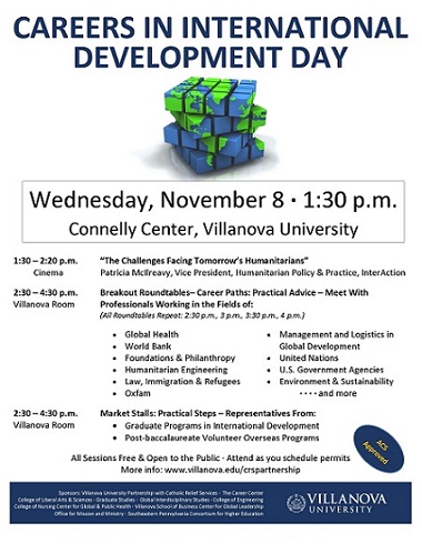 Villanova University Calendar - The Careers in International Development  Day on November 8th at 1:30pm.