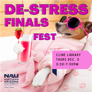 De-Stress Finals Fest. A dog in a robe holding a fancy drink. Details in event listing.