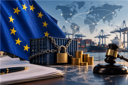 mixed image of EU flag, judge's mallet and chained-up shipping container