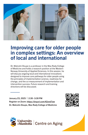 A healthcare professional talks to an older adults. Poster for Dr. Doupe's presentation Jan 23, 2025.