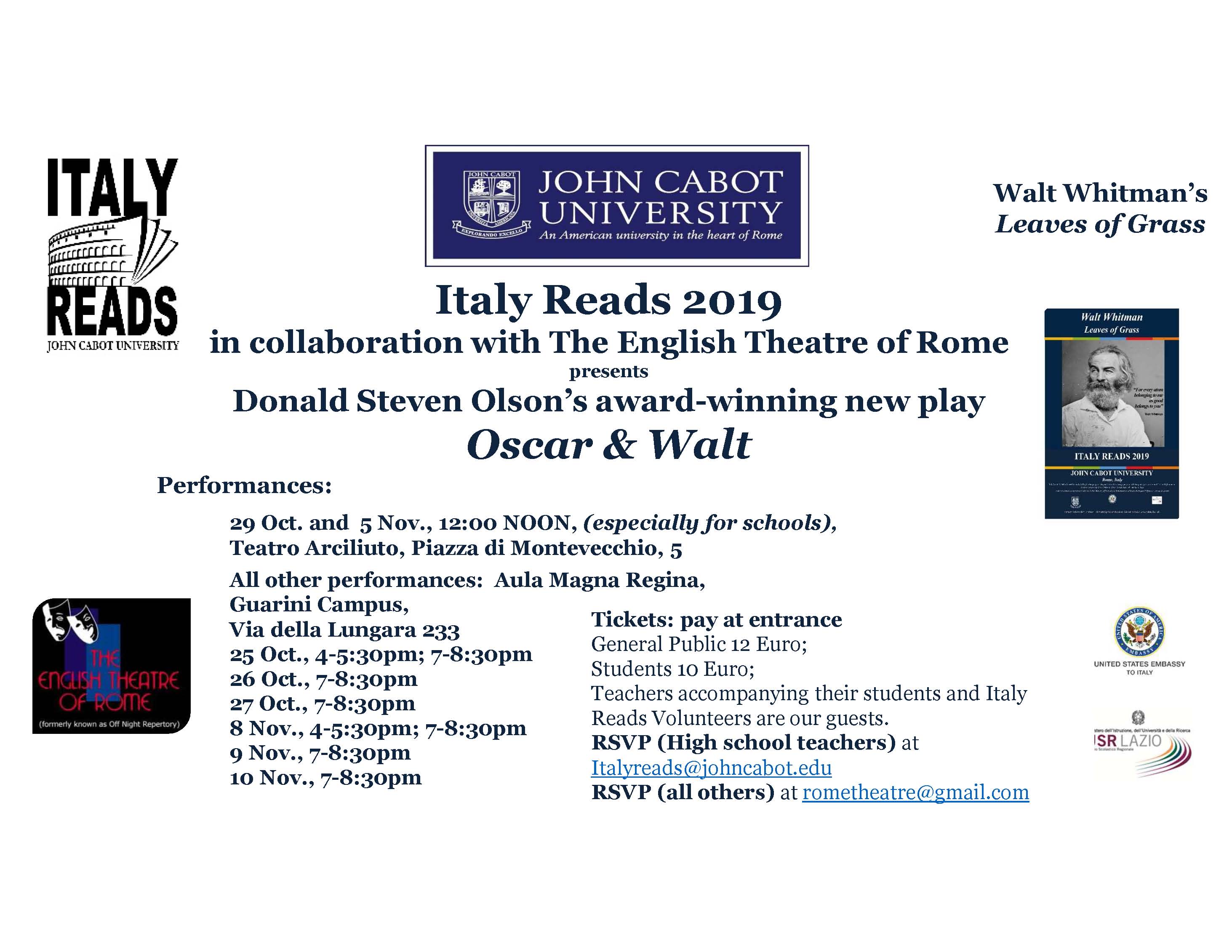 JCU Events Calendar - Italy Reads 2019 Walt Whitman Theatre Performances by  the English Theatre of Rome