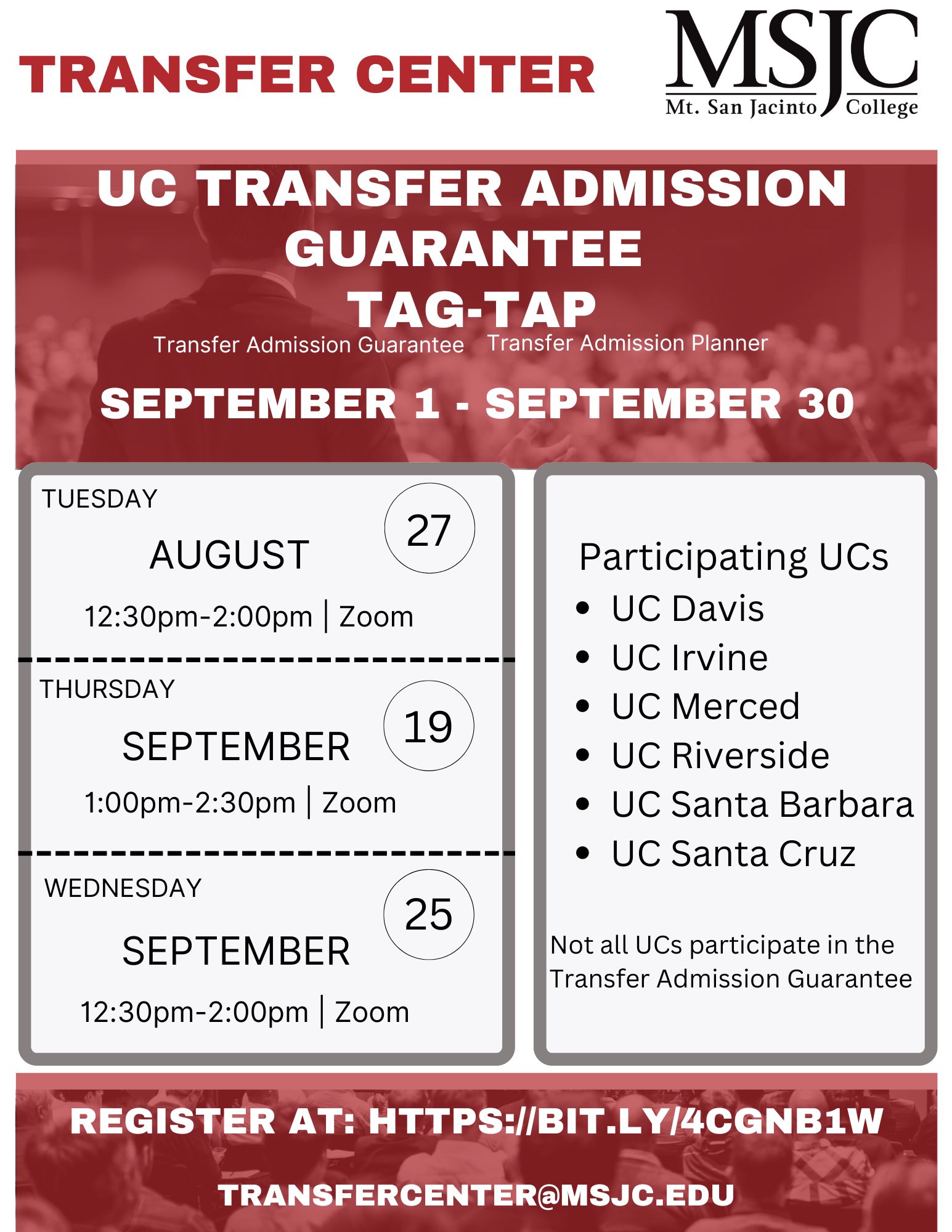 MSJC Events University of California UC Transfer Admission Guarantee TAG TAP