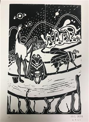 Student Artwork from Introduction to Printmaking up in the Student Gallery, Art 211